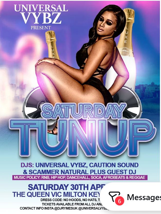 Universal Vybz Saturday Turn Up flyer at Queen Vic featuring DJ Rymes